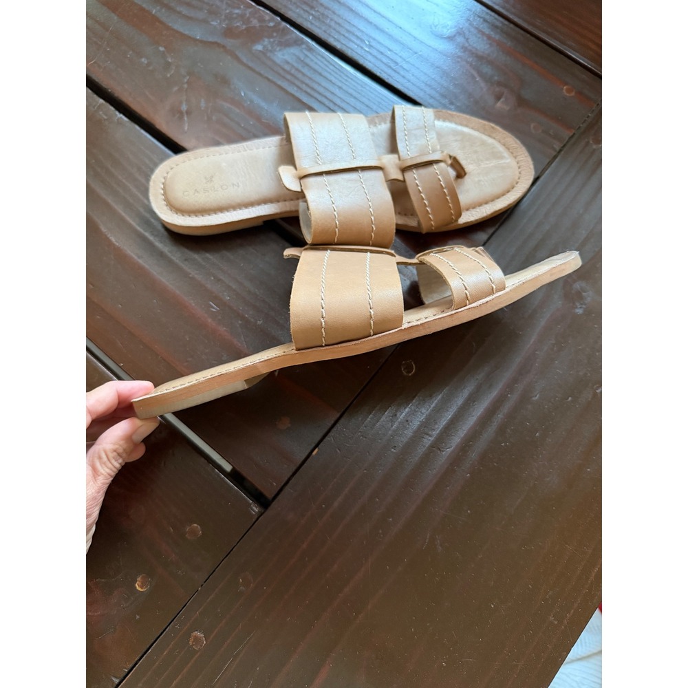 Caslon Womens Tan Leather T-Strap Slide Sandals Contrast Stitch Flat Size 9M - Picture 4 of 6